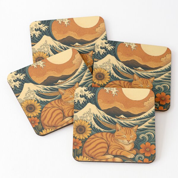 Item preview, Japanese Sleeping Orange Cat Kanagawa Wave Sunflower Art  designed and sold by ArtisticJelly.