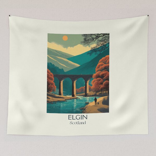 Item preview, Elgin Scotland Retro Travel Poster | Moray Landscape & Viaduct Art designed and sold by TuncGK.