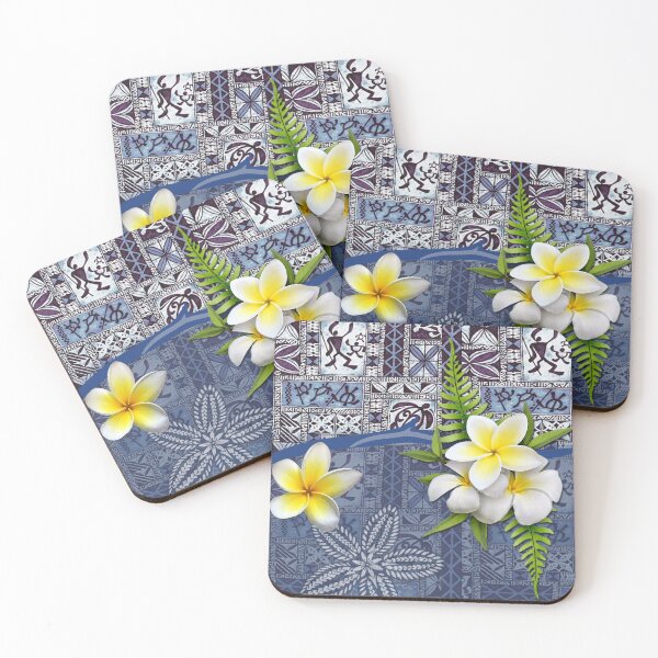 Aperçu de l'œuvre Tapa hawaïen bleu et Plumeria créée et vendue par J Marielle Designs.