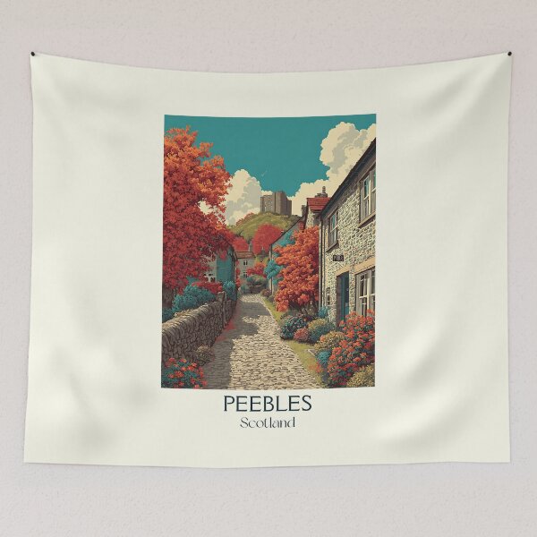 Item preview, Peebles Scotland Vintage Art Print | Scottish Borders Cobblestone Street designed and sold by TuncGK.