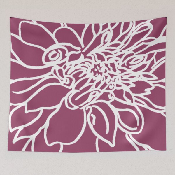 Item preview, White line drawing of a dahlia flower in full bloom designed and sold by MiFree.