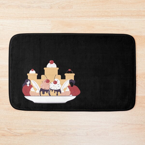 Item preview, Generated with AI from my own image. A scene with two people enjoying giant ice cream desserts in front of a castle made of whipped cream and cherries. designed and sold by katecheerycake.
