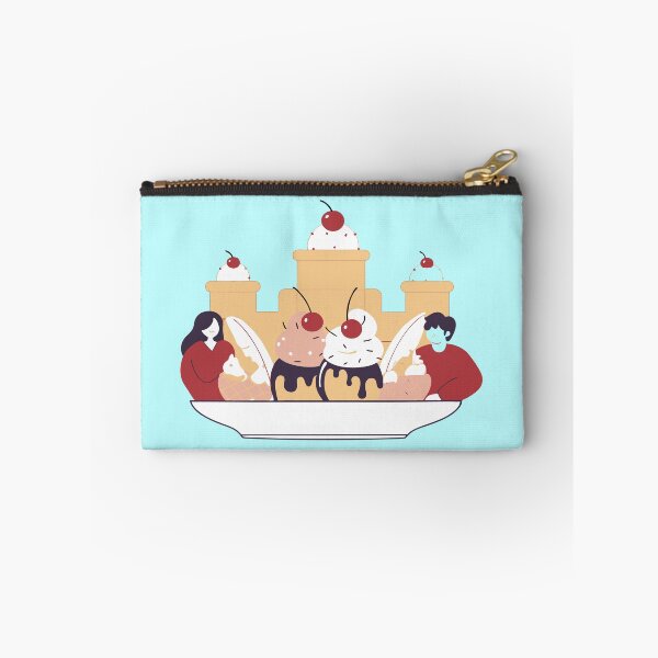 Item preview, Generated with AI from my own image. A scene with two people enjoying giant ice cream desserts in front of a castle made of whipped cream and cherries. designed and sold by katecheerycake.