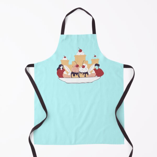 Item preview, Generated with AI from my own image. A scene with two people enjoying giant ice cream desserts in front of a castle made of whipped cream and cherries. designed and sold by katecheerycake.