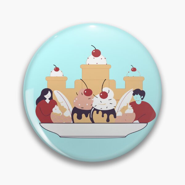 Item preview, Generated with AI from my own image. A scene with two people enjoying giant ice cream desserts in front of a castle made of whipped cream and cherries. designed and sold by katecheerycake.