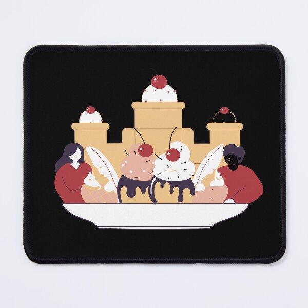 Item preview, Generated with AI from my own image. A scene with two people enjoying giant ice cream desserts in front of a castle made of whipped cream and cherries. designed and sold by katecheerycake.