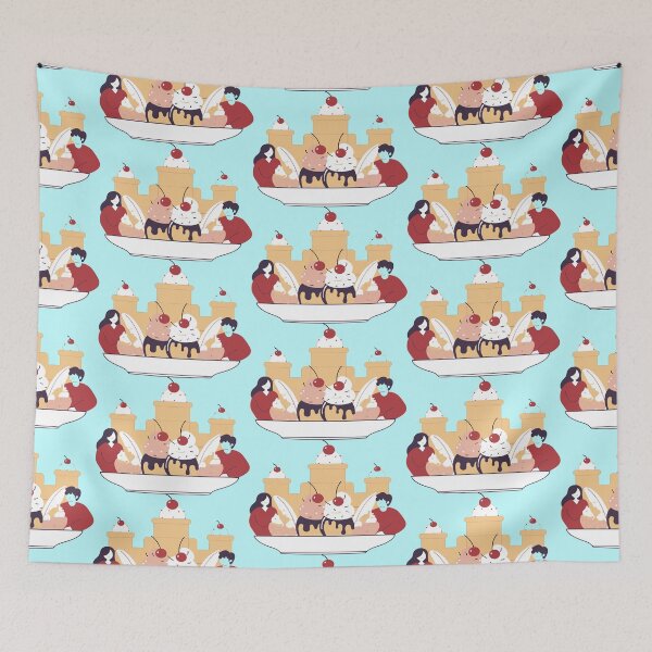 Item preview, Generated with AI from my own image. A scene with two people enjoying giant ice cream desserts in front of a castle made of whipped cream and cherries. designed and sold by katecheerycake.
