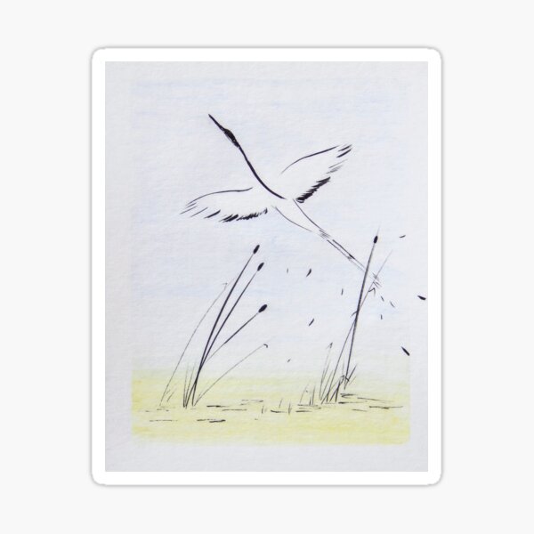 Item preview, Single Crane Taking Flight in Wetlands | Zen Watercolor Drawing designed and sold by AngelaMarieArt.