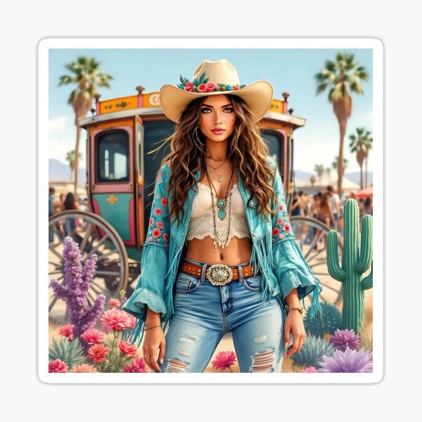 Item preview, Boho Cowgirl Print – Western Desert Festival Girl Aesthetic with Turquoise & Floral Accents designed and sold by FieldHouseTees.
