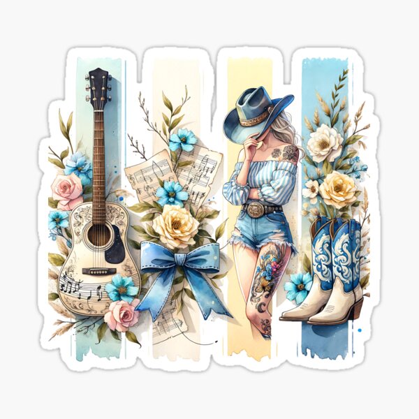 Item preview, Boho Cowgirl Floral Art – Country Girl with Guitar, Boots & Sheet Music for Shirts, Stickers & Western Aesthetic Prints designed and sold by FieldHouseTees.