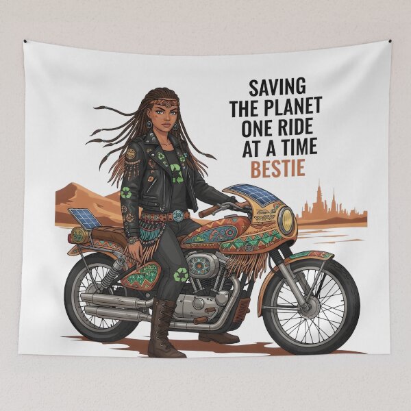 Item preview, Saving The Planet One Ride At A Time Bestie - Eco Warrior Biker Art designed and sold by AnnDesignStudio.