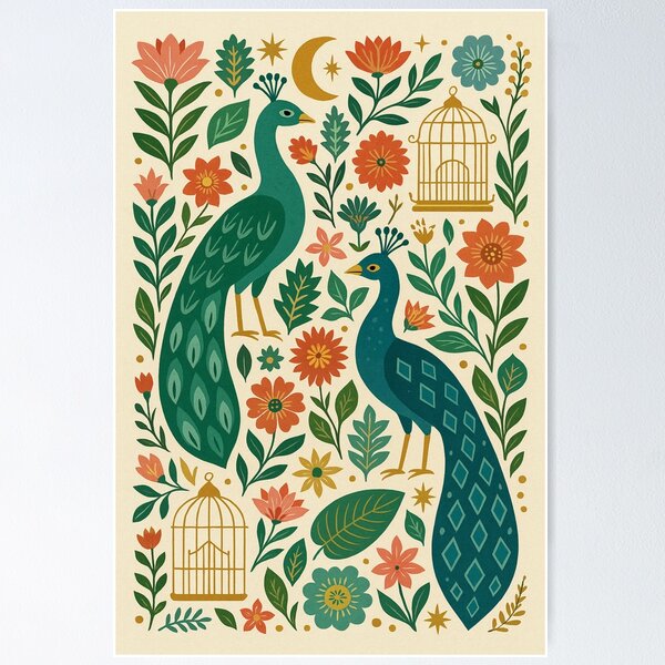 Item preview, Peacock Garden Art Print and Pattern – Vintage Folk Botanical Peacock Illustration for Wall Art, Home Decor, Tech Cases & Stationery designed and sold by Andrea Lauren.