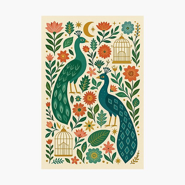 Item preview, Peacock Garden Art Print and Pattern – Vintage Folk Botanical Peacock Illustration for Wall Art, Home Decor, Tech Cases & Stationery designed and sold by Andrea Lauren.