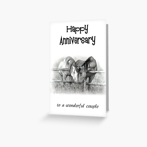 Item preview, Happy Anniversary With Horse Couple Nuzzling Over Rail Fence designed and sold by JoyfulWhimsy.