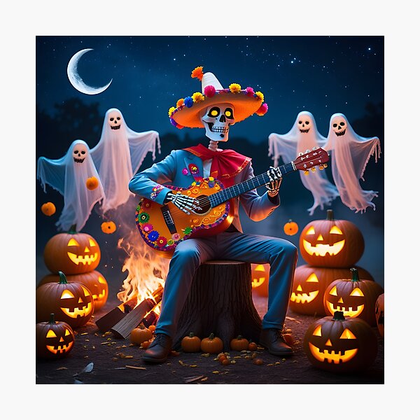 Artikel-Vorschau von Skeleton Playing Guitar for Ghosts – Colorful Halloween Music Scene, designt und verkauft von PureVibeStudio.