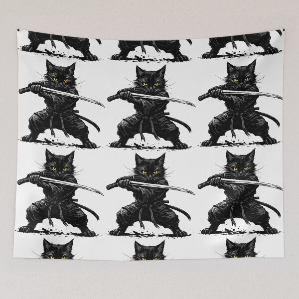 Item preview, Black Ninja Cat with Samurai Sword designed and sold by ArtfulWeave.