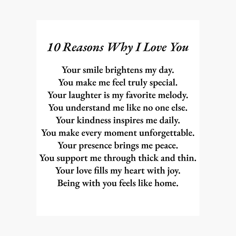10 Reasons Why I Love You | Romantic Love Note Typography | Heartfelt Relationship Quote | Valentine’s Day or Anniversary Gift | Sweet and Emotional Expression of Love Poster