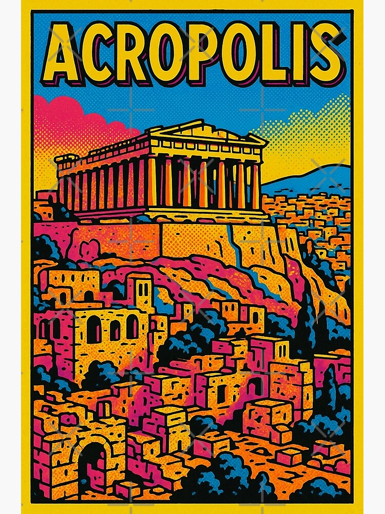 Digital Retro Pop Art Travel Poster of Acropolis | Vibrant Athens