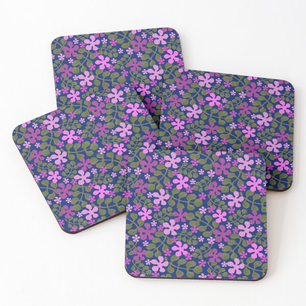 Item preview, five-petal flowers and leaves in vibrant acrylic style - purple and navy blue designed and sold by Kaushlydraw.