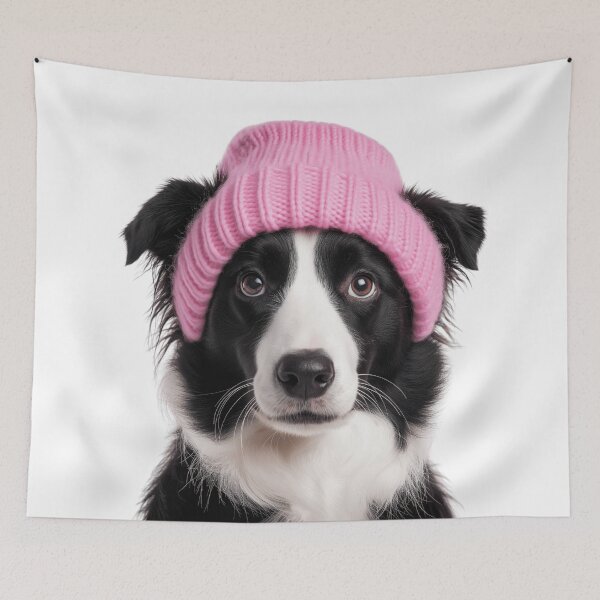 Item preview, Cozy Border Collie dog Wearing Pink Winter Hat Trendy Animal Fashion Artwork designed and sold by LazyOwlStore.