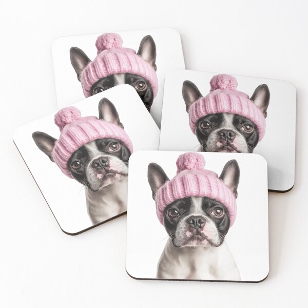 Item preview, Cozy Boston Terrier dog Wearing Pink Winter Hat Trendy Animal Fashion Artwork designed and sold by LazyOwlStore.