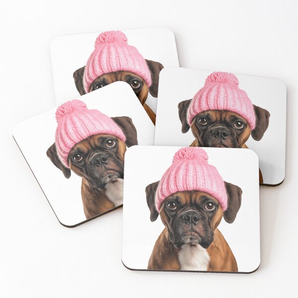 Item preview, Cozy Boxer dog Wearing Pink Winter Hat Trendy Animal Fashion Artwork designed and sold by LazyOwlStore.