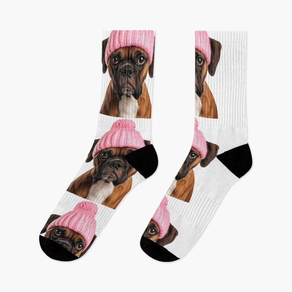Item preview, Cozy Boxer dog Wearing Pink Winter Hat Trendy Animal Fashion Artwork designed and sold by LazyOwlStore.