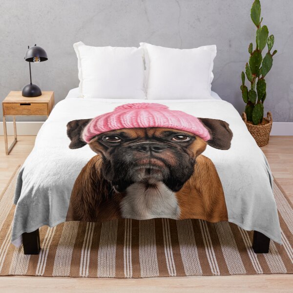 Item preview, Cozy Boxer dog Wearing Pink Winter Hat Trendy Animal Fashion Artwork designed and sold by LazyOwlStore.