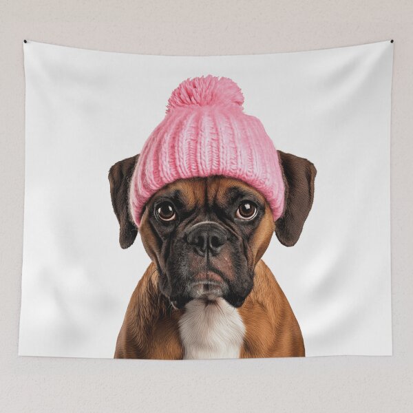 Item preview, Cozy Boxer dog Wearing Pink Winter Hat Trendy Animal Fashion Artwork designed and sold by LazyOwlStore.