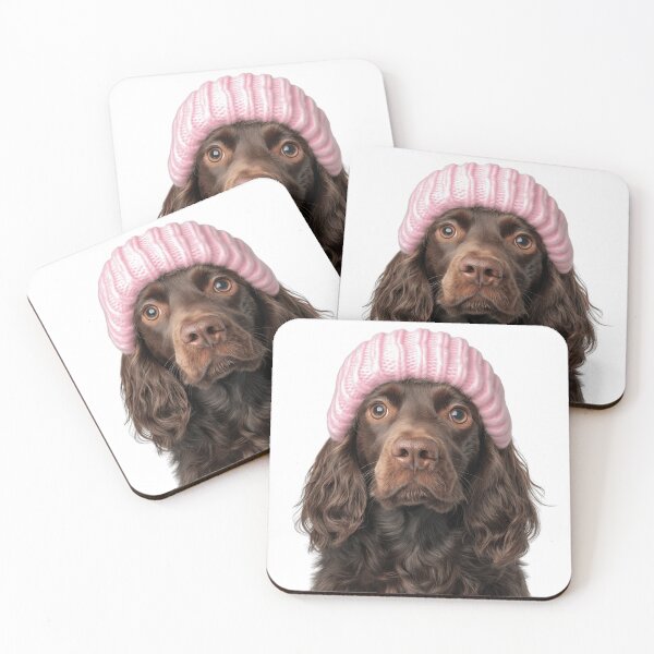 Item preview, Cozy Boykin Spaniel dog Wearing Pink Winter Hat Trendy Animal Fashion Artwork designed and sold by LazyOwlStore.