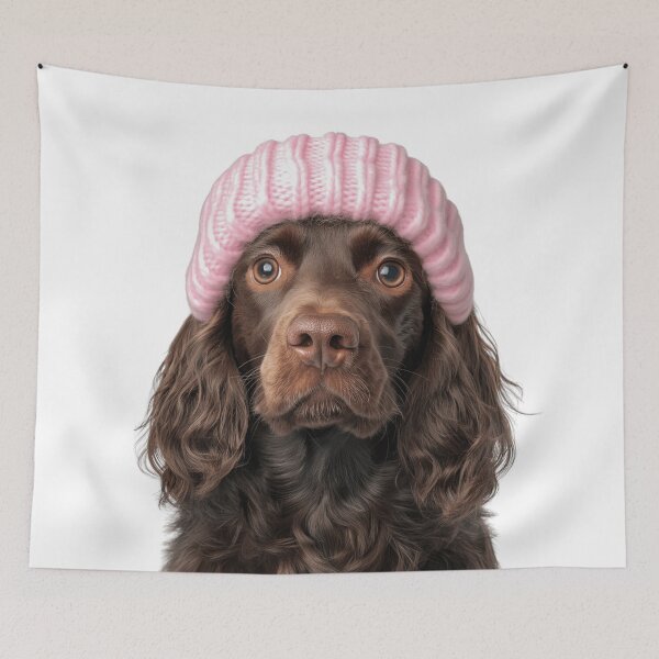 Item preview, Cozy Boykin Spaniel dog Wearing Pink Winter Hat Trendy Animal Fashion Artwork designed and sold by LazyOwlStore.