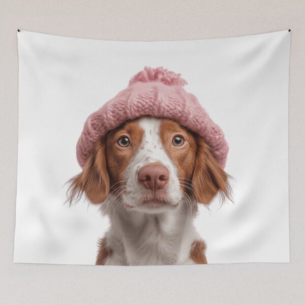 Item preview, Cozy Brittany dog Wearing Pink Winter Hat Trendy Animal Fashion Artwork designed and sold by LazyOwlStore.