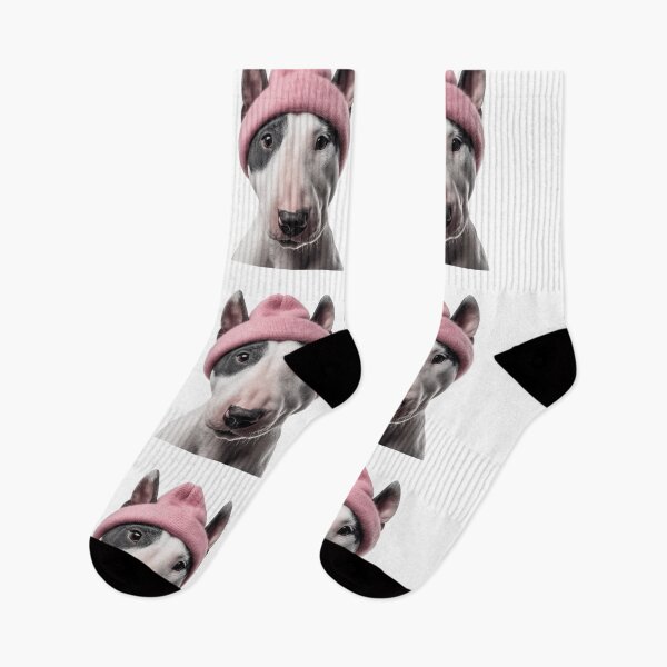 Item preview, Cozy Bull Terrier dog Wearing Pink Winter Hat Trendy Animal Fashion Artwork designed and sold by LazyOwlStore.