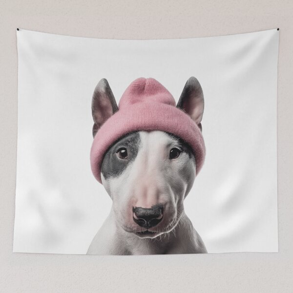 Item preview, Cozy Bull Terrier dog Wearing Pink Winter Hat Trendy Animal Fashion Artwork designed and sold by LazyOwlStore.