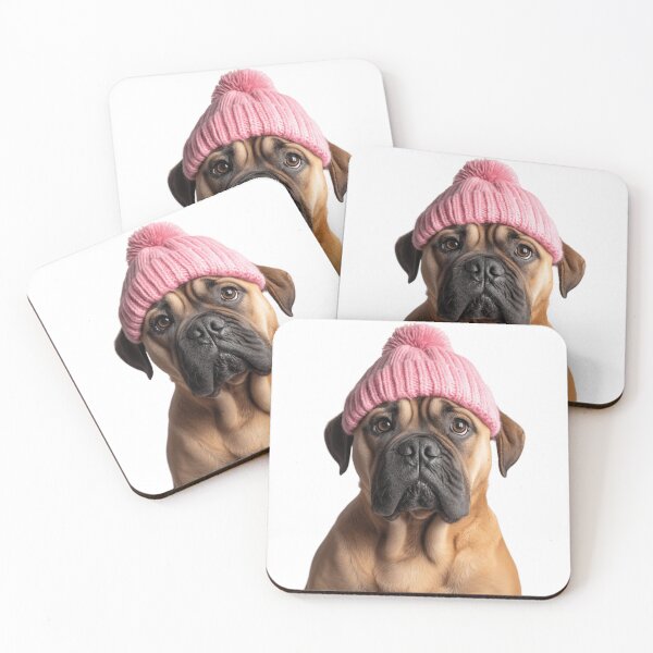 Item preview, Cozy Bullmastiff dog Wearing Pink Winter Hat Trendy Animal Fashion Artwork designed and sold by LazyOwlStore.