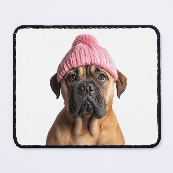 Item preview, Cozy Bullmastiff dog Wearing Pink Winter Hat Trendy Animal Fashion Artwork designed and sold by LazyOwlStore.