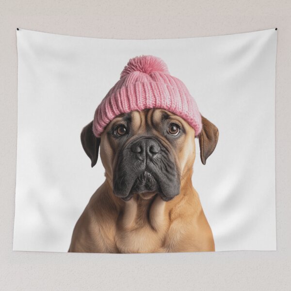 Item preview, Cozy Bullmastiff dog Wearing Pink Winter Hat Trendy Animal Fashion Artwork designed and sold by LazyOwlStore.