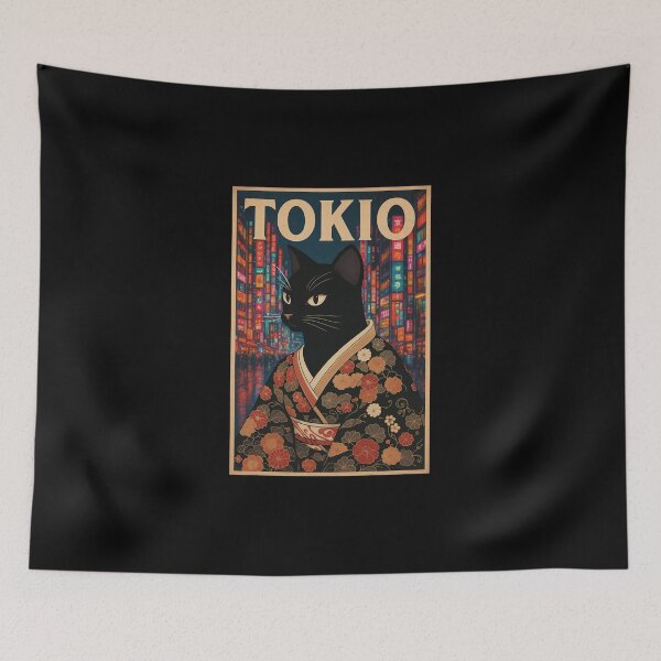 Item preview, Elegant Black Cat in Kimono – Vintage Tokyo Poster designed and sold by Kasza-89.