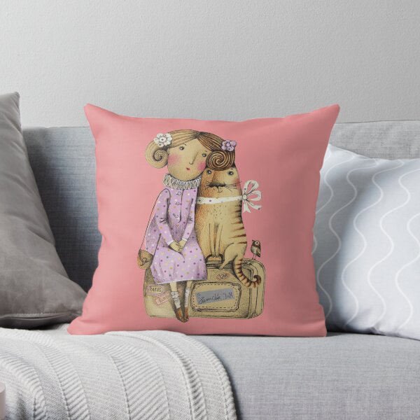 Girl and Cat Throw Pillow