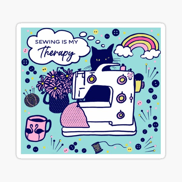 Cat on vintage sewing machine with "Sewing is my therapy" quote Sticker