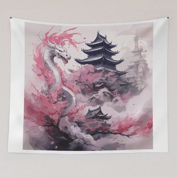 Item preview, White Dragon & Cherry Blossoms – Japanese Temple Dream designed and sold by Daagath.