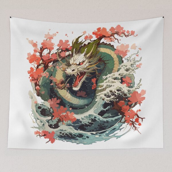 Item preview, Asian water dragon with cherry blossoms – Japanese fantasy design designed and sold by Daagath.