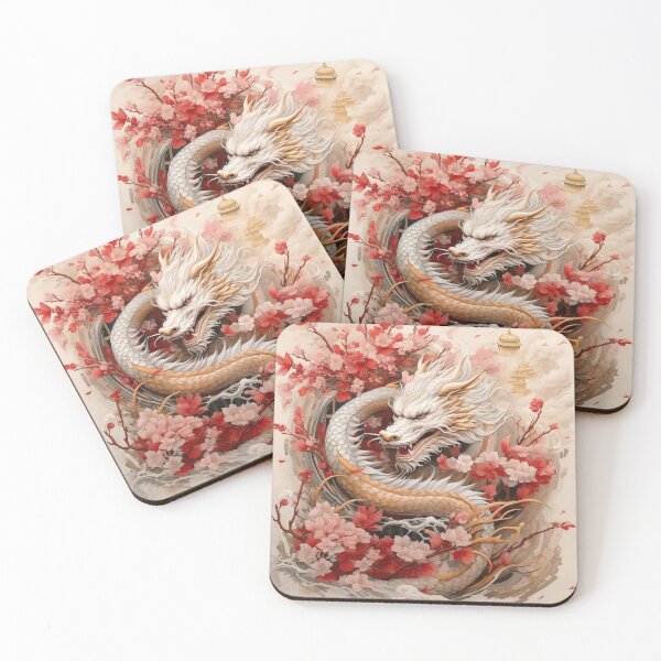 Item preview, Golden White Dragon with Cherry Blossoms – Elegant Mythical Guardian Art  designed and sold by Daagath.