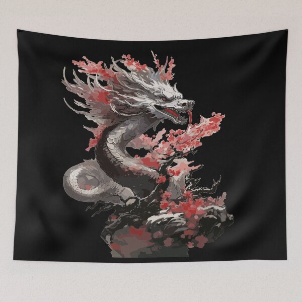Item preview, nk Brush Dragon with Red Blossoms – Bold Mythical Beast in Japanese Sumi-e Style  designed and sold by Daagath.