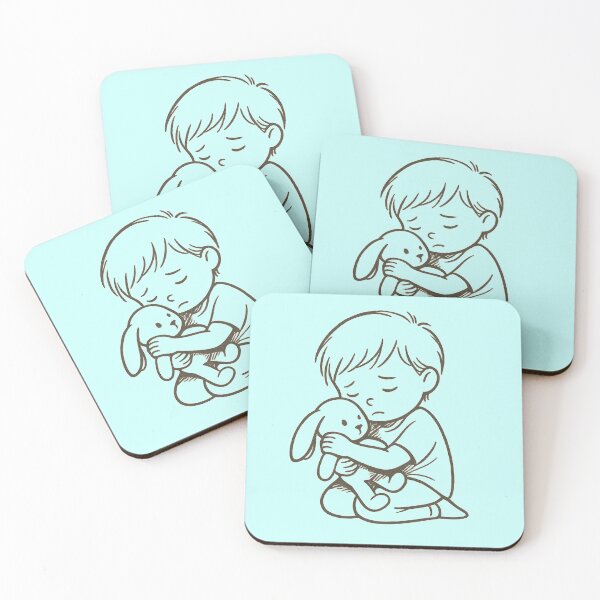 Item preview, Sad Boy Hugging Teddy Bear – Comforting Emotional Line Art Design designed and sold by Just Meaningful.
