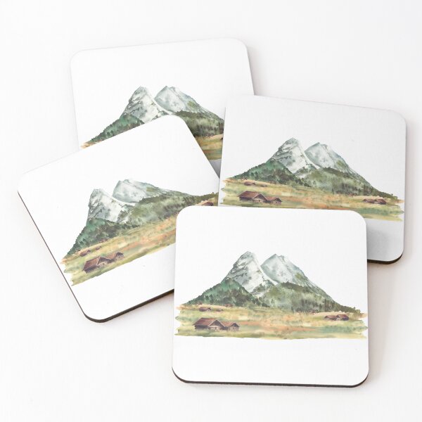 Item preview, Zugspitze alpine mountains landscape. Watercolor peaks and huts on fields. Germany designed and sold by BartolArt.