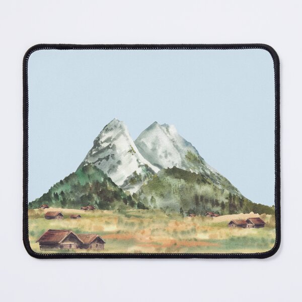Item preview, Zugspitze alpine mountains landscape. Watercolor peaks and huts on fields. Germany designed and sold by BartolArt.