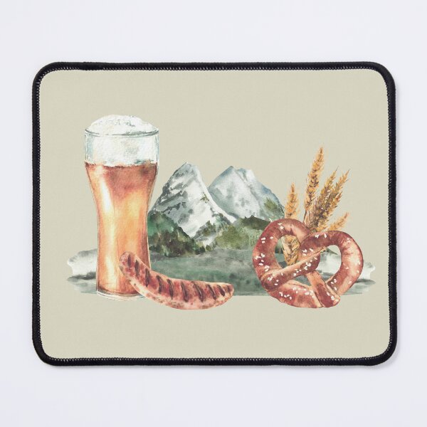 Item preview, Glass of Beer with sausage, pretzel on background of Bavarian mountain landscape. Watercolor clipart designed and sold by BartolArt.