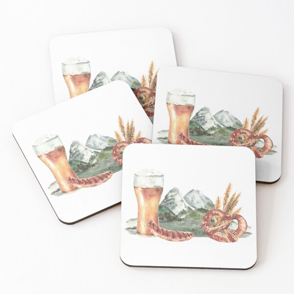 Item preview, Glass of Beer with sausage, pretzel on background of Bavarian mountain landscape. Watercolor clipart designed and sold by BartolArt.