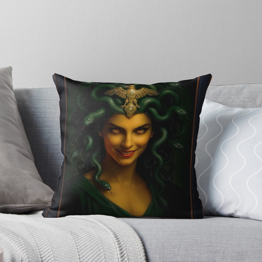 The Deviousness Of Medusa And Her Captive Golden Eyes Mesmerizing AI Concept Art by Xzendor7 Decorative Art Print Throw Pillow